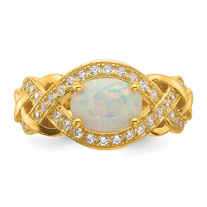 Sterling Silver Gold-tone Polished CZ and Lab Created Opal Size 7 Twisted Ring