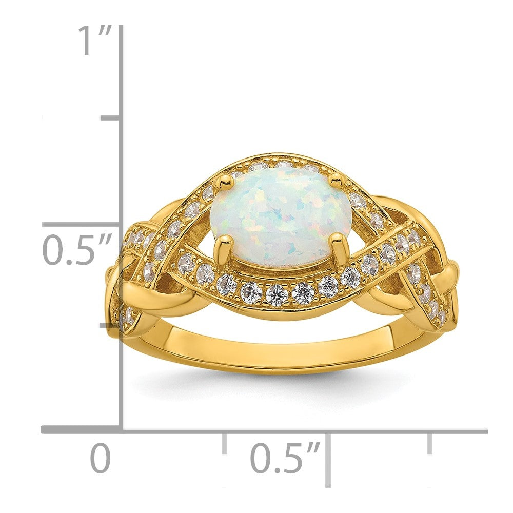 Sterling Silver Gold-tone Polished CZ and Lab Created Opal Size 8 Twisted Ring