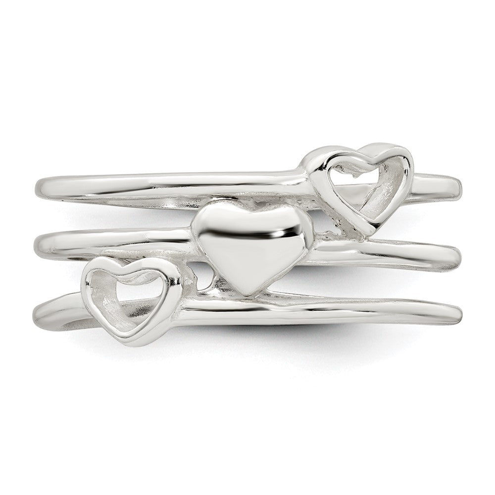 Sterling Silver Polished Hearts Three Band Size 7 Ring