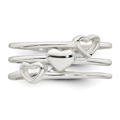 Sterling Silver Polished Hearts Three Band Size 8 Ring