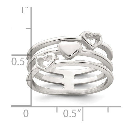 Sterling Silver Polished Hearts Three Band Size 6 Ring