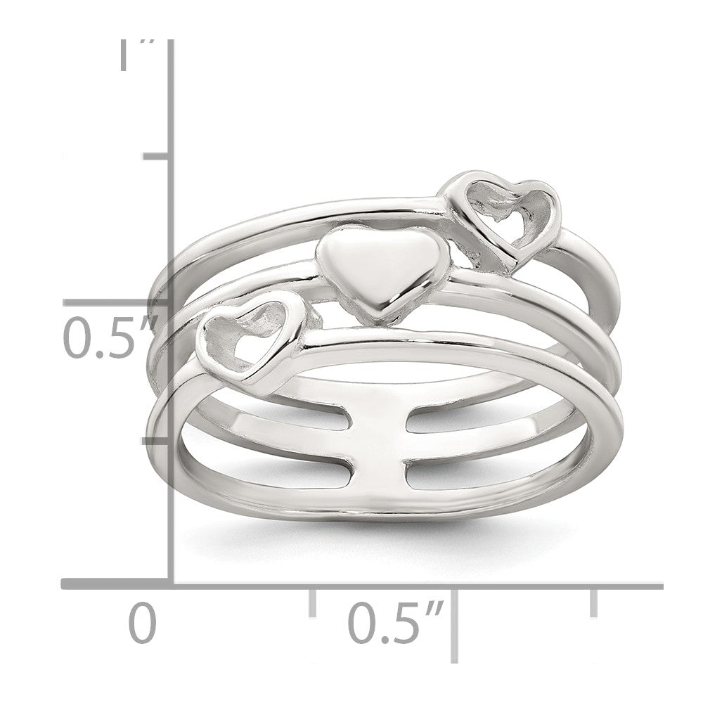 Sterling Silver Polished Hearts Three Band Size 8 Ring