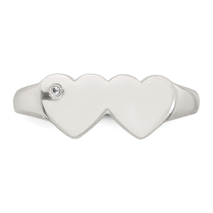 Sterling Silver Polished White CZ Double Heart Size 8 Signet Ring