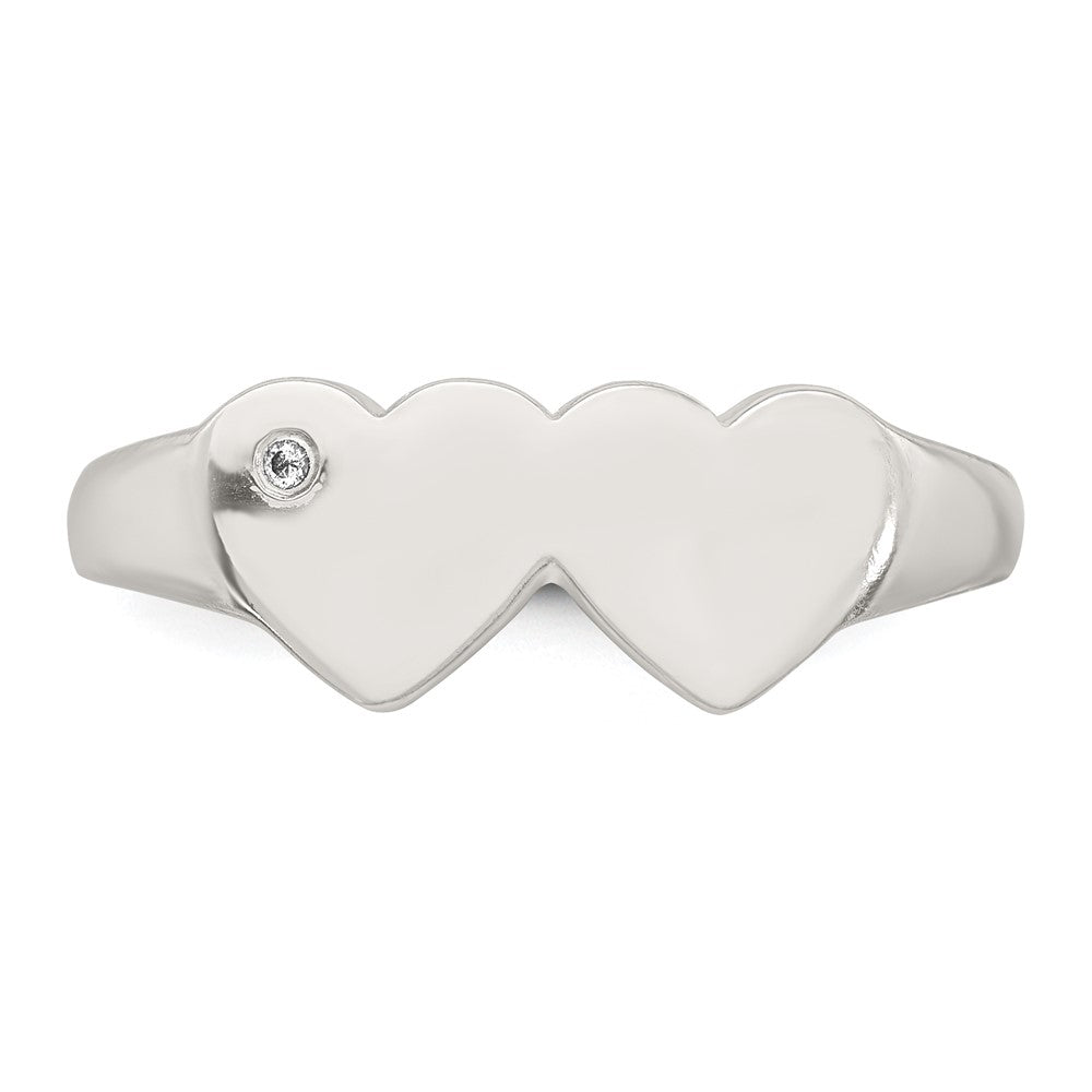 Sterling Silver Polished White CZ Double Heart Size 7 Signet Ring