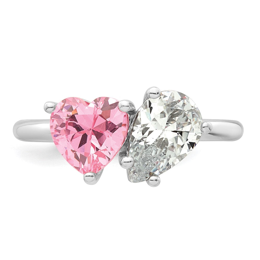 Sterling Silver Rhodium-plated Polished Heart Pink and Pear-shaped White CZ Size 6 Ring