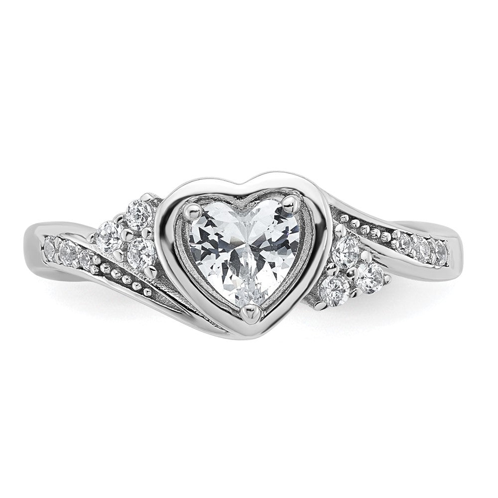 Sterling Silver Rhodium-plated Polished Fancy CZ Center Heart Size 7 Ring