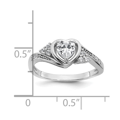 Sterling Silver Rhodium-plated Polished Fancy CZ Center Heart Size 7 Ring