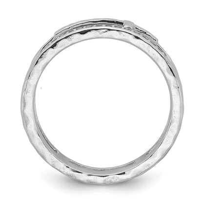 Sterling Silver Rhodium-plated Polished CZ and Hammered Cross Double Band Size 8 Ring