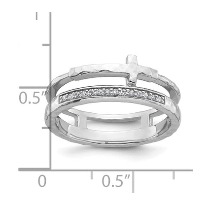 Sterling Silver Rhodium-plated Polished CZ and Hammered Cross Double Band Size 7 Ring