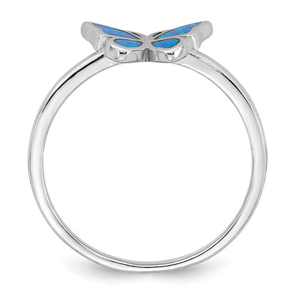 Sterling Silver Rhodium-plated Polished Blue Lab Created Opal Butterfly Size 7 Ring
