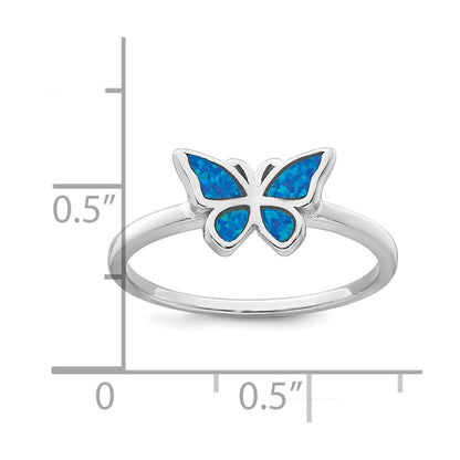 Sterling Silver Rhodium-plated Polished Blue Lab Created Opal Butterfly Size 6 Ring