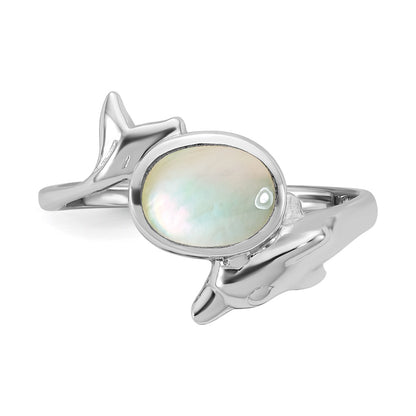 Sterling Silver Rhodium-plated Polished Oval Mother of Pearl and Dolphin Size 6 Ring