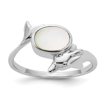 Sterling Silver Rhodium-plated Polished Oval Mother of Pearl and Dolphin Size 6 Ring