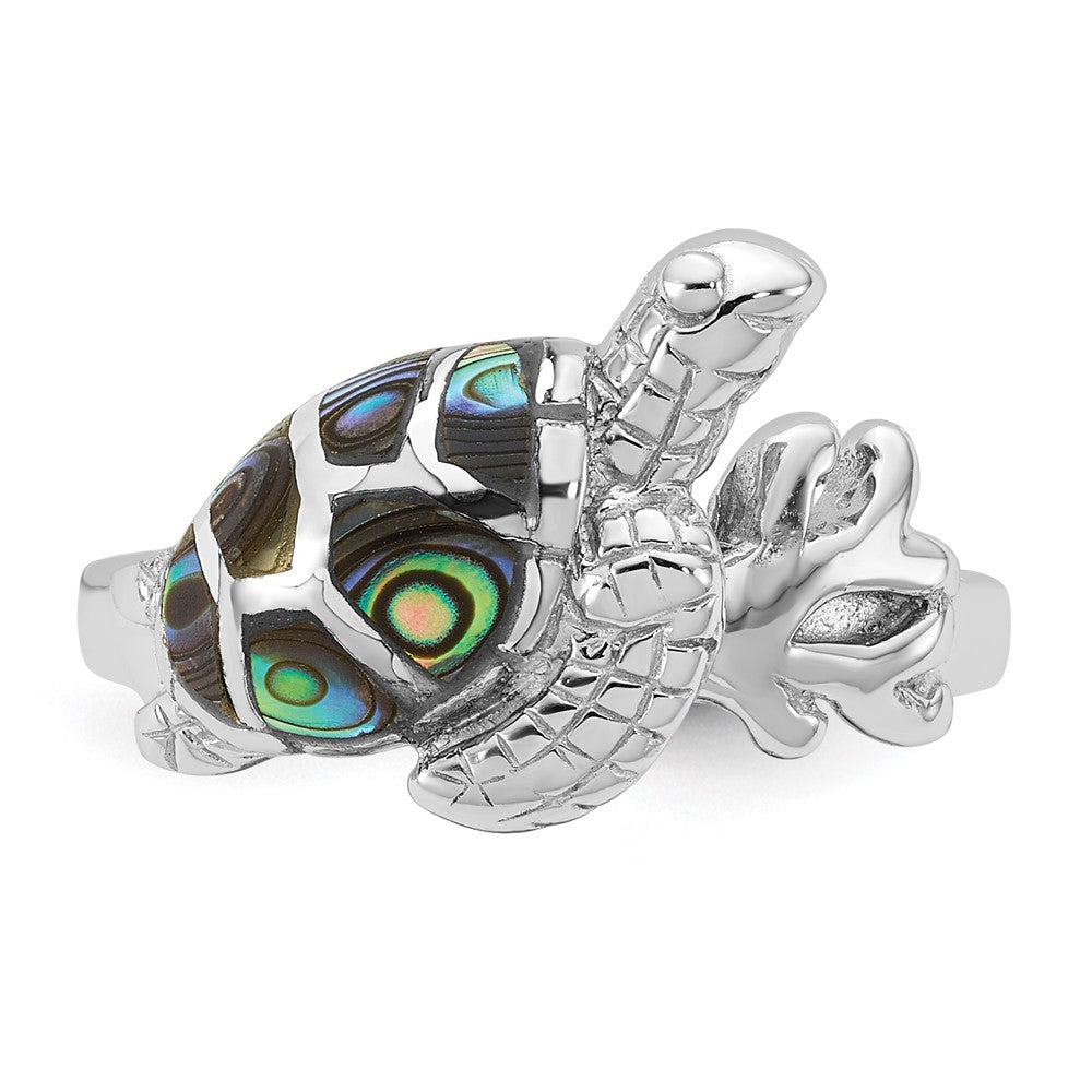 Sterling Silver Rhodium-plated Polished Abalone Sea Turtle Size 7 Ring