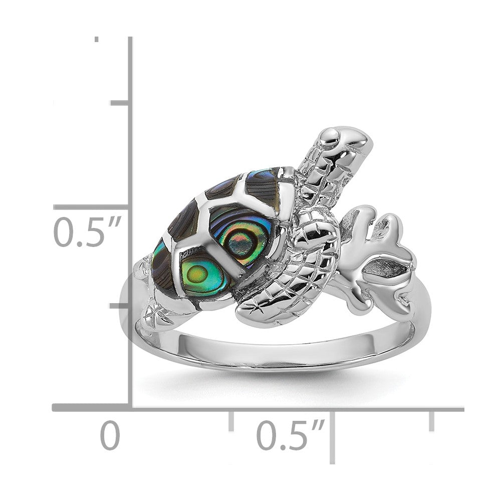 Sterling Silver Rhodium-plated Polished Abalone Sea Turtle Size 7 Ring
