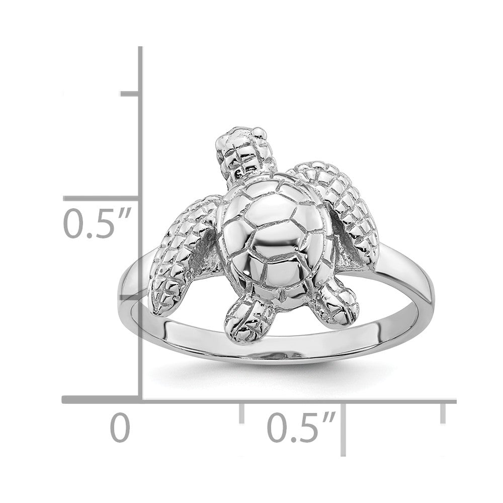 Sterling Silver Rhodium-plated Polished and Textured Sea Turtle Size 8 Ring