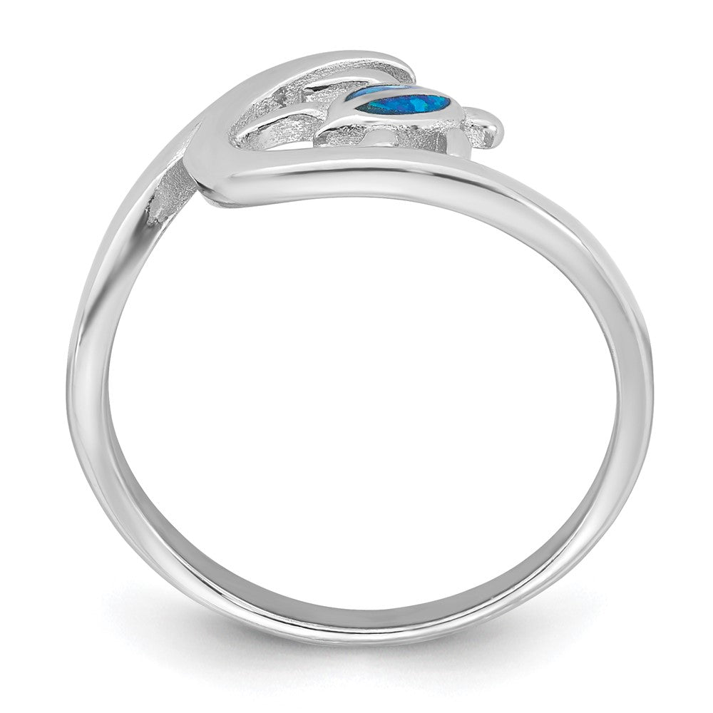 Sterling Silver Rhodium-plated Polished Blue Lab Created Opal Turtle on Wave Size 7 Ring