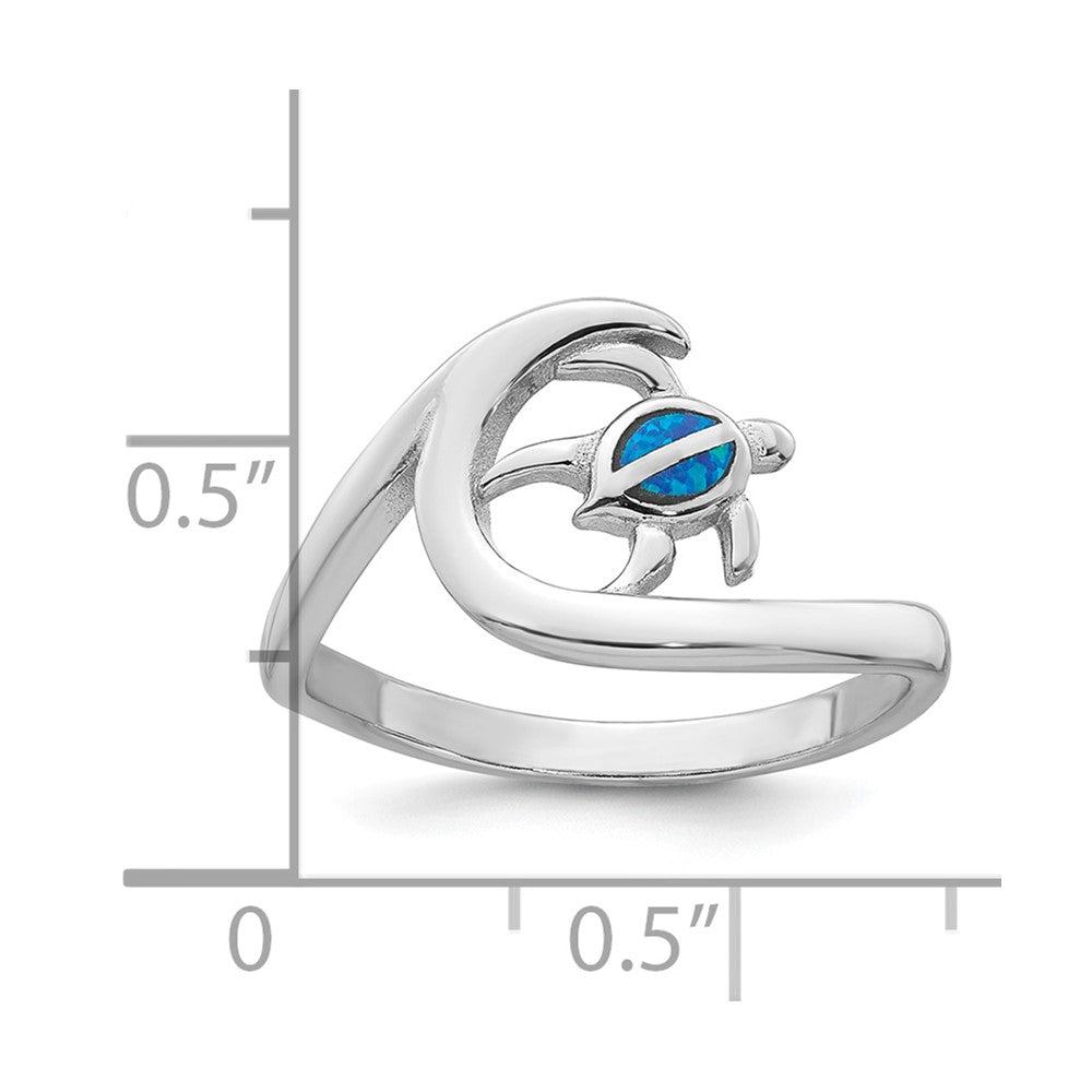 Sterling Silver Rhodium-plated Polished Blue Lab Created Opal Turtle on Wave Size 7 Ring