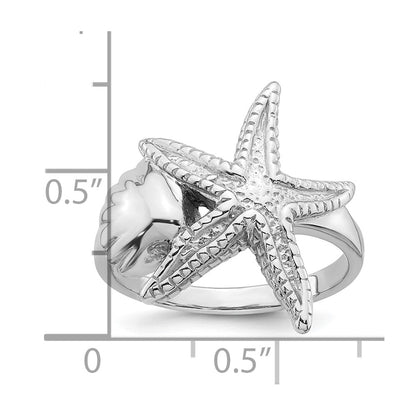 Sterling Silver Rhodium-plated Polished and Textured Sea Shell with Starfish Size 6 Ring
