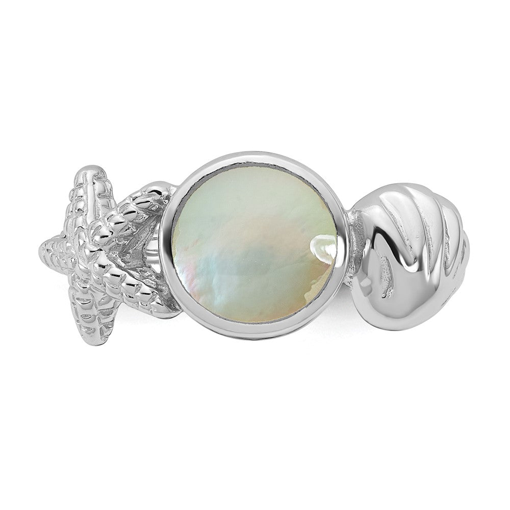 Sterling Silver Rhodium-plated Polished Oval Mother of Pearl and Sea Shell with Starfish Size 7 Ring