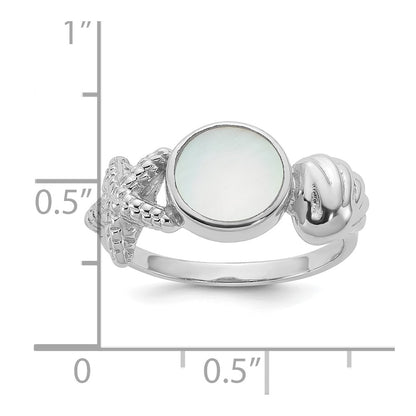 Sterling Silver Rhodium-plated Polished Oval Mother of Pearl and Sea Shell with Starfish Size 8 Ring