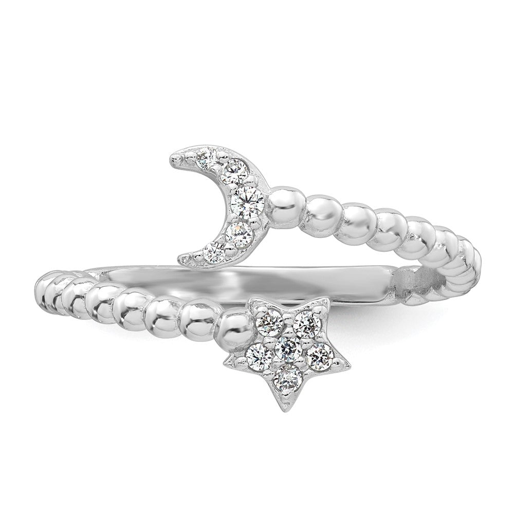 Sterling Silver Rhodium-plated Polished and Beaded Adjustable CZ Moon and Star Size 6 Ring