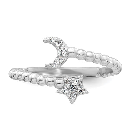 Sterling Silver Rhodium-plated Polished and Beaded Adjustable CZ Moon and Star Size 6 Ring