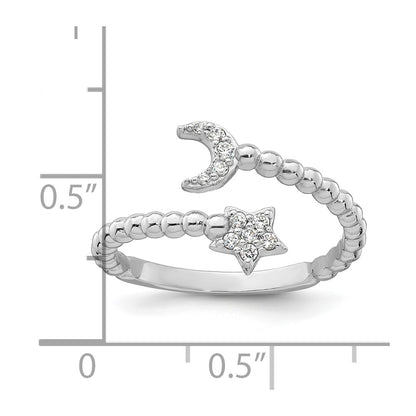 Sterling Silver Rhodium-plated Polished and Beaded Adjustable CZ Moon and Star Size 7 Ring