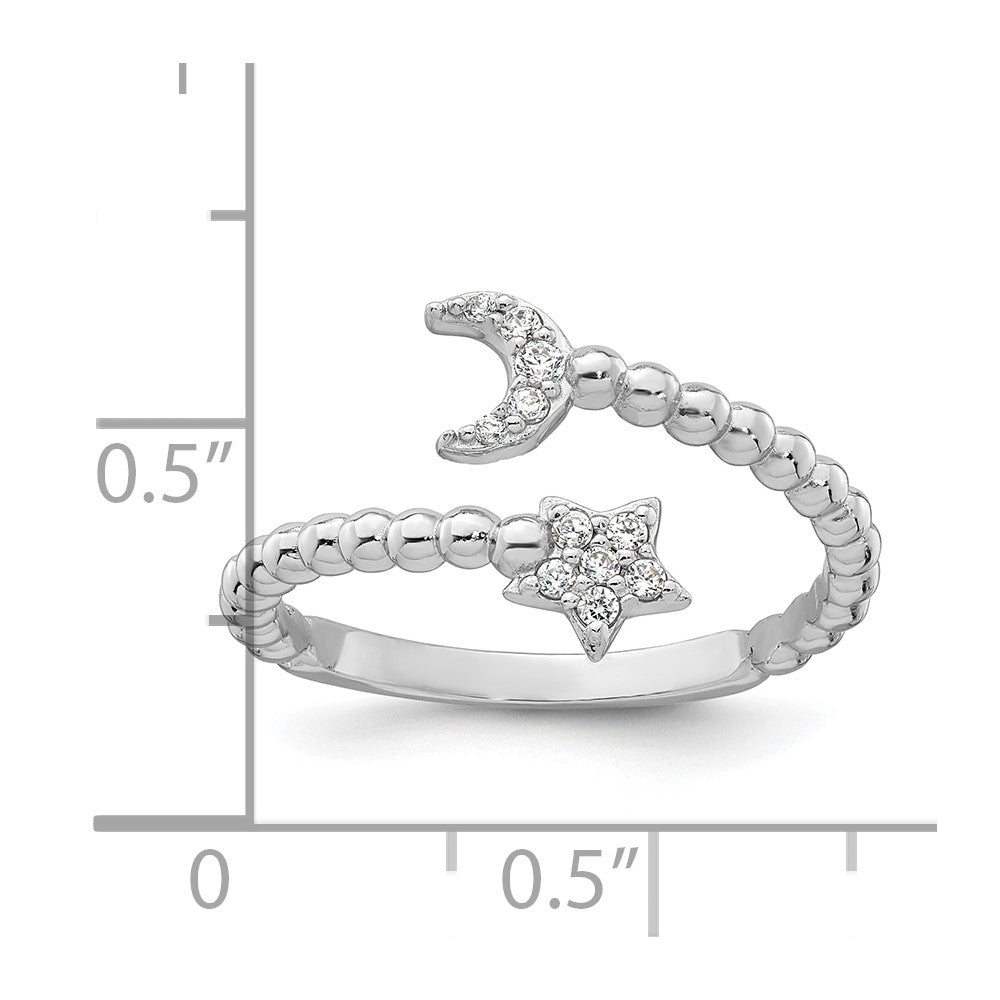 Sterling Silver Rhodium-plated Polished and Beaded Adjustable CZ Moon and Star Size 8 Ring