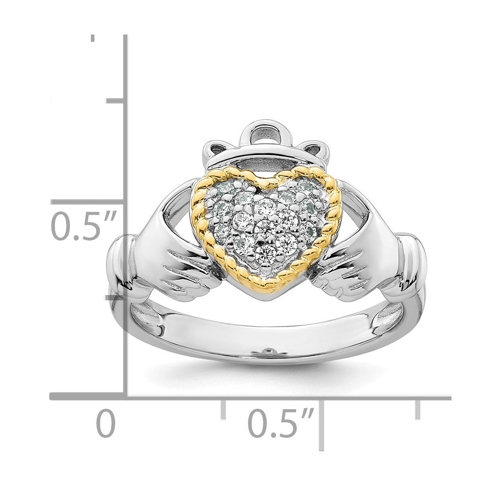 Sterling Silver Rhodium-plated with 14k Accent Polished CZ Size 8 Claddagh Ring