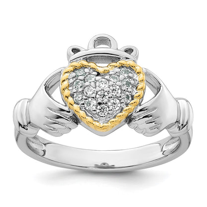 Sterling Silver Rhodium-plated with 14k Accent Polished CZ Size 7 Claddagh Ring