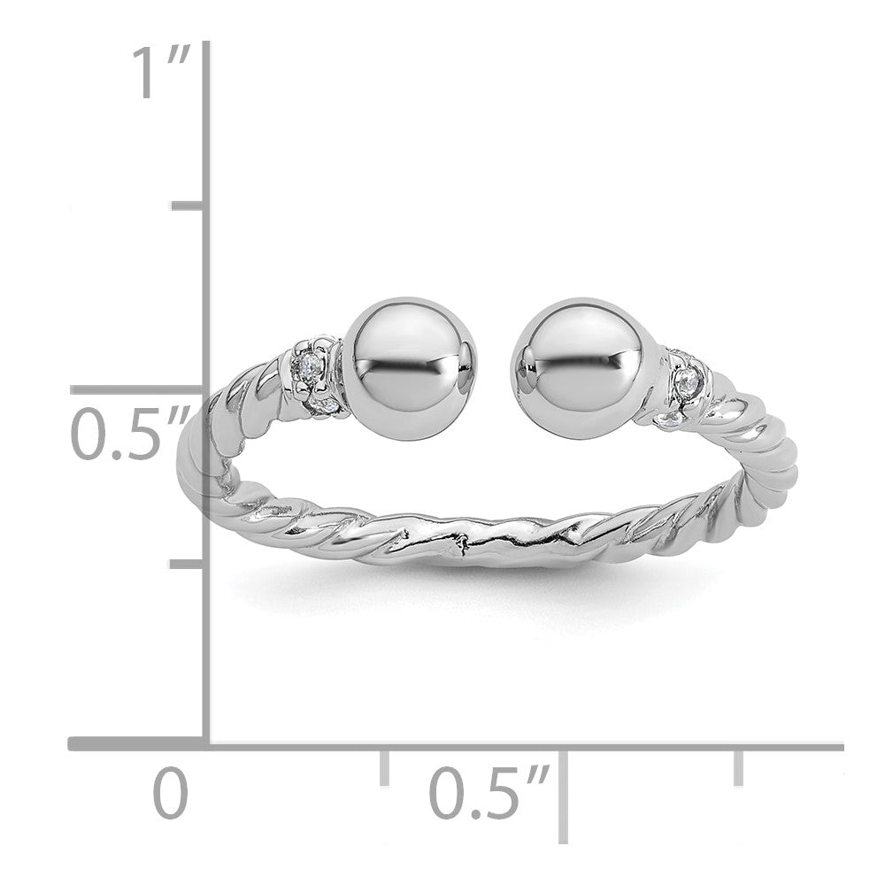 Sterling Silver Rhodium-plated Polished and Twisted CZ Ball End Size 7 Ring
