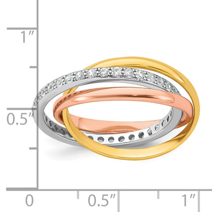 Sterling Silver Rhodium-plated Rose-tone and Gold-tone Polished CZ Intertwined Triple Band Size 7 Ring