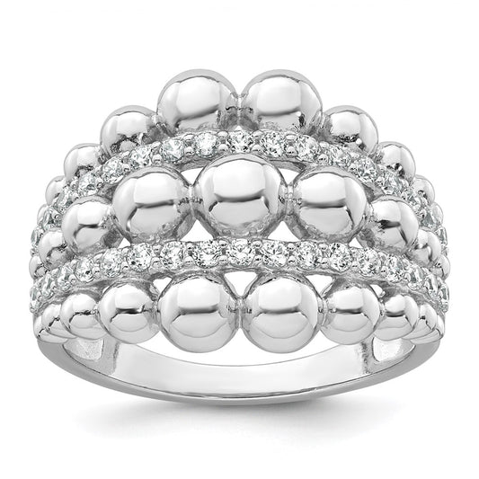 Sterling Silver Rhodium-plated Polished Graduated Beaded Fancy CZ Size 7 Ring