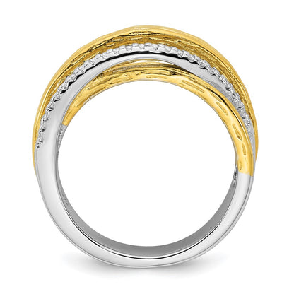 Sterling Silver Rhodium-plated and Gold-tone CZ Textured Brushed 4-Row Size 6 Ring