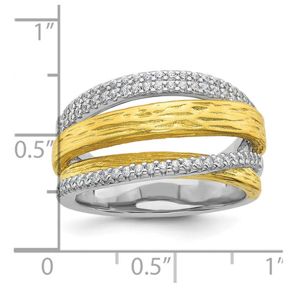 Sterling Silver Rhodium-plated and Gold-tone CZ Textured Brushed 4-Row Size 6 Ring