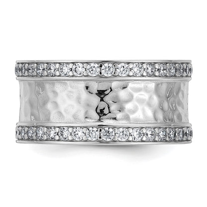 Sterling Silver Rhodium-plated CZ Polished And Hammered 9.5mm Band Size 8 Ring