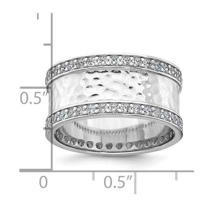 Sterling Silver Rhodium-plated CZ Polished And Hammered 9.5mm Band Size 6 Ring