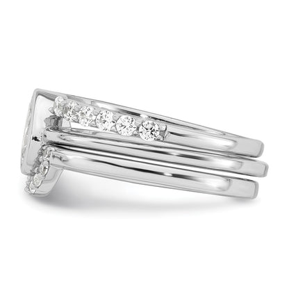 Sterling Silver Rhodium-plated Polished Pear Shape White CZ Ring with 2 Fitted CZ Bands Size 8 Three Ring Set