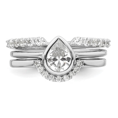 Sterling Silver Rhodium-plated Polished Pear Shape White CZ Ring with 2 Fitted CZ Bands Size 7 Three Ring Set