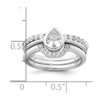 Sterling Silver Rhodium-plated Polished Pear Shape White CZ Ring with 2 Fitted CZ Bands Size 8 Three Ring Set