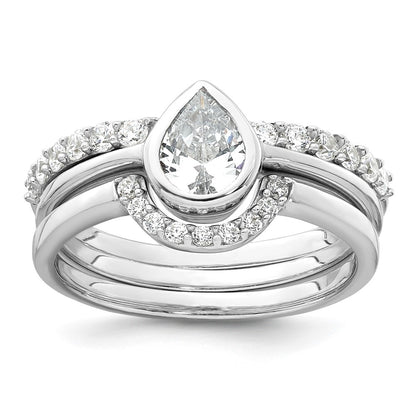 Sterling Silver Rhodium-plated Polished Pear Shape White CZ Ring with 2 Fitted CZ Bands Size 8 Three Ring Set