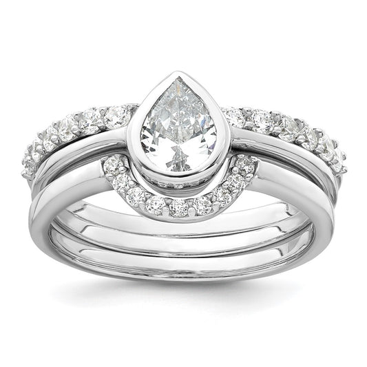 Sterling Silver Rhodium-plated Polished Pear Shape White CZ Ring with 2 Fitted CZ Bands Size 8 Three Ring Set