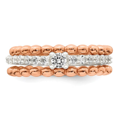 Sterling Silver and Rose-tone Polished Round White CZ Ring with 2 Beaded Bands Size 7 Three Ring Set