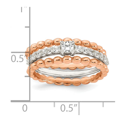 Sterling Silver and Rose-tone Polished Round White CZ Ring with 2 Beaded Bands Size 7 Three Ring Set