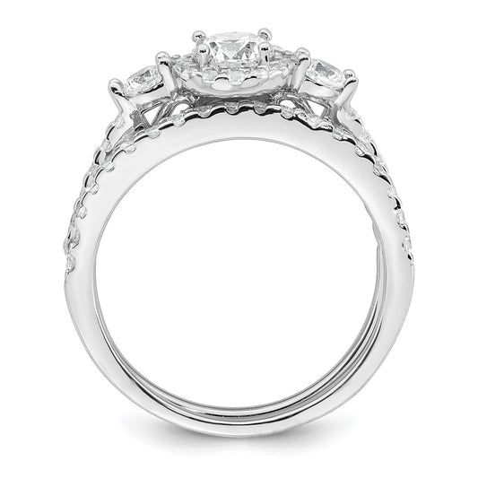 Sterling Silver Rhodium-plated Polished CZ 3-Stone Halo Size 8 Engagement Ring and Wedding Band Set