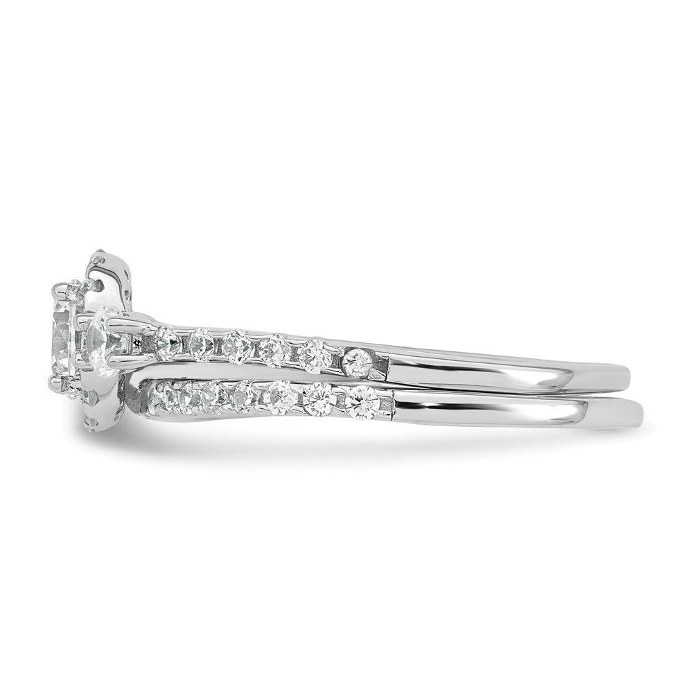 Sterling Silver Rhodium-plated Polished CZ 3-Stone Halo Size 8 Engagement Ring and Wedding Band Set