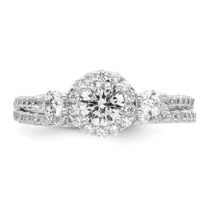 Sterling Silver Rhodium-plated Polished CZ 3-Stone Halo Size 7 Engagement Ring and Wedding Band Set