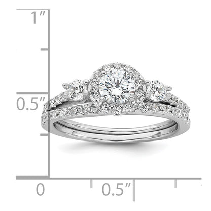 Sterling Silver Rhodium-plated Polished CZ 3-Stone Halo Size 7 Engagement Ring and Wedding Band Set