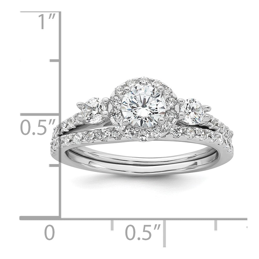 Sterling Silver Rhodium-plated Polished CZ 3-Stone Halo Size 8 Engagement Ring and Wedding Band Set